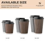 [150 SET]Harvest Pack 8 oz Disposable Coffee Cups, Insulated Ripple Double-Walled Paper Cup with Lid, Black and White Geometric, Tea Hot Chocolate Drinks To go coffee cups