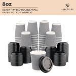 [150 SET]Harvest Pack 8 oz Disposable Coffee Cups, Insulated Ripple Double-Walled Paper Cup with Lid, Black and White Geometric, Tea Hot Chocolate Drinks To go coffee cups