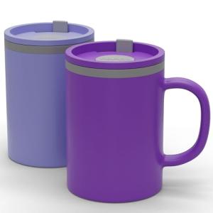 Copco Iconic 16oz Double Wall Insulated Desk Mug with Lid & Handle, Set of 2, BPA-Free Reusable Plastic, Spill-Proof, Microwave & Dishwasher Safe, Wide Mouth, Cup Holder Friendly (Purple/Light Purple)