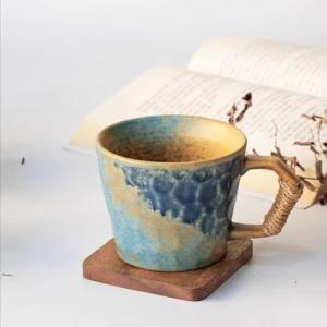 Unique Retro Vintage Japanese Style Primitive Handmade Ceramic Coffee Mug, Lead-Free Glaze Artisanal Pottery Tea Mug, Comfortable handle Teacup for Tea Latte Milk for office and home