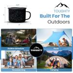 Toughty Enamel Camping Mug – Retro Vintage Campfire Tin Cup, Rustic Backpacking Mug for Hiking, Coffee, Farmhouse, Diner, Hot Drinks, Tinware, and Backpacking Gear – Set of 2 – Black – 16 Oz
