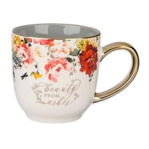 Christian Art Gifts Red Marigold Floral Ceramic Coffee Mug with Gold Handle – 11 oz. Lead and Cadmium-free Coffee and Tea Mug for Women with Inspirational Bible Verse: Beauty from Ashes - Isaiah 61:3