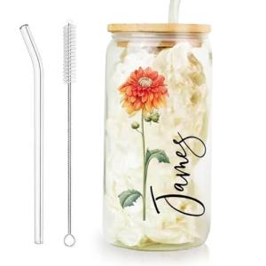 Personalized Birth Flower Glass Tumbler with Straw & Lid, Custom Gift Cups for Women, Monogrammed Iced Coffee Mugs, Birthday Anniversary Christmas Gift for Bridesmaids, Bride, Girlfriend, Mom, Teacher