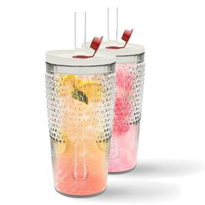The Crafted Cuisine Glass Tumbler with Straw and Lid 22oz (pack of 2) - Clear Iced Coffee Cup w/Vintage Design, Dishwasher Safe Cups - Versatile Glass Coffee Tumbler for Smoothie Water & More