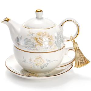 Nagpew Tea for One Set, Porcelain Floral Teapot Cup Saucer Set with Tassel Decorative Gold Rim, Vintage Bone China Teapot Gift for Women Home Office, Rose Pattern