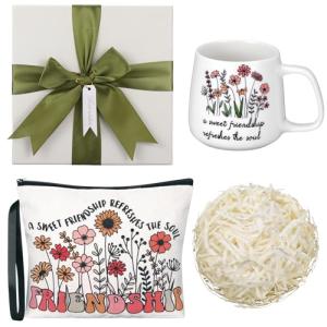 Skylety Christian Gifts Friendship Gifts for Women Friends, A Sweet Friendship Refreshes the Soul Christian Floral Ceramic Coffee Mug Cosmetic Bag for Women Friends Bestie
