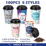 Ovveroche 100 Pack 16 oz Disposable Coffee Cups with Lids,Motivational Paper Hot Cups with 5 Quotes for Hot and Cold Beverages,Coffee,Tea,Water,Juice