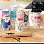 Ovveroche 100 Pack 16 oz Disposable Coffee Cups with Lids,Motivational Paper Hot Cups with 5 Quotes for Hot and Cold Beverages,Coffee,Tea,Water,Juice