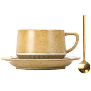 Vintage Ceramic Tea Cup and Saucer Set with Spoon, 10 oz Minimalist Porcelain Coffee Mug (Wood-Fired Honey)