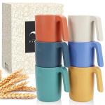 PYRMONT Wheat Straw Cups-Mug Set of 6,Unbreakable Kids Mugs,Reusable Plastic Cup with Handles,16 oz Mug Set for Coffee,Camping,Picnic,Drinking Cups Stackable,BPA-Free,Dishwasher Safe
