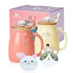 SHENDONG 2 Pack Cute Ceramic Coffee Cups Set of 2 with Kawaii Bamboo Lid and Spoon Novelty Morning Cup Coffee Milk Tea Mugs - 3d Animal Mugs for Cat Lovers Women Gifts (Red and Yellow)