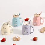 SHENDONG 2 Pack Cute Ceramic Coffee Cups Set of 2 with Kawaii Bamboo Lid and Spoon Novelty Morning Cup Coffee Milk Tea Mugs - 3d Animal Mugs for Cat Lovers Women Gifts (Red and Yellow)