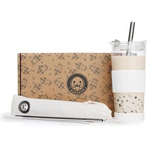 BOBABOO Reusable 24 oz Boba cup with straw set, straw cleaner, and gift box, borosilicate reusable bubble tea cup (White)