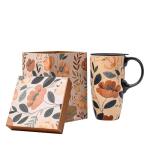 Topadorn Ceramic Travel Mug with Lid and Handle ，Coffee Mug Teacup in Color Box 17 Oz, Splash Resistant Lid - To Go Tumbler for Car Cup Holder, Green Leaves And Flowers