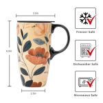 Topadorn Ceramic Travel Mug with Lid and Handle ，Coffee Mug Teacup in Color Box 17 Oz, Splash Resistant Lid - To Go Tumbler for Car Cup Holder, Green Leaves And Flowers