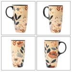 Topadorn Ceramic Travel Mug with Lid and Handle ，Coffee Mug Teacup in Color Box 17 Oz, Splash Resistant Lid - To Go Tumbler for Car Cup Holder, Green Leaves And Flowers