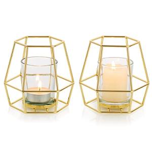 Nuptio Geometric Tealight Candle Holder Gold - Candle Holders for Pillar Candles Set of 2 Tea Light Candle Holders Set Metal Candle Stand Table Centerpiece for Wedding Party Cafe Bar Home Decor