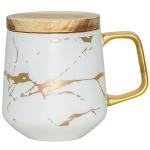 LUCCK Ceramic Coffee Mug with Wooden Lid 14.5 OZ Tea Cup Luxury Gold Inlay Marble Pattern Ceramic Mug Coffee Tea Mug Gift for Women Wife Girl Grandma (White),1 Count (Pack of 1)