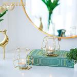 Nuptio Geometric Tealight Candle Holder Gold - Candle Holders for Pillar Candles Set of 2 Tea Light Candle Holders Set Metal Candle Stand Table Centerpiece for Wedding Party Cafe Bar Home Decor