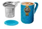 Yachi 19oz Ceramic Coffee Mug Tea Mug with Infuser and Lid – Embossed Porcelain Loose Leaf Tea Cup with Steeper (Built-in), Microwave & Dishwasher Safe for Tea, Coffee, Milk, Home & Office (Blue)