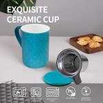 Yachi 19oz Ceramic Coffee Mug Tea Mug with Infuser and Lid – Embossed Porcelain Loose Leaf Tea Cup with Steeper (Built-in), Microwave & Dishwasher Safe for Tea, Coffee, Milk, Home & Office (Blue)