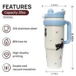 WeiTeTaLuo 33 oz Travel Coffee Mug with Handle – Cute Cat Tumbler with Lid and Straw, Stainless Steel Insulated Water Bottle, Leakproof, Cup Holder Friendly, Travel Accessories, Gifts for Women