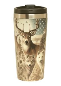 AetherSip Deer Coffee Cup 15oz Insulated Stainless Steel Tumbler with Wildlife Art – Small Travel Mug, Coffee Machine Friendly, Buck Wolf Owl Nature Design