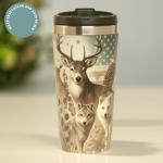 AetherSip Deer Coffee Cup 15oz Insulated Stainless Steel Tumbler with Wildlife Art – Small Travel Mug, Coffee Machine Friendly, Buck Wolf Owl Nature Design