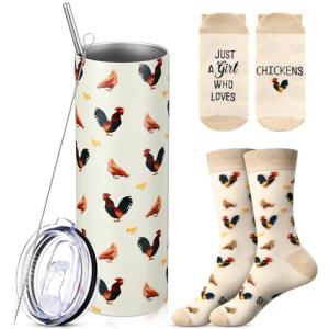 Funnymoom 2 Pack Chicken Themed Gifts Set Skinny Tumbler 20 oz Travel Coffee Mug Novelty Cute Animals Socks, Christmas Birthday Gifts, Chicken Party Favors