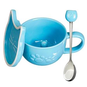 Koolkatkoo Cat Ceramic Cup - Ceramic Coffee Mug with Lid and Spoon, Cute Hidden 3D Animals Inside Mug, Tea Cup for Men and Women, Gifts for Cat Lovers, 10oz, Blue