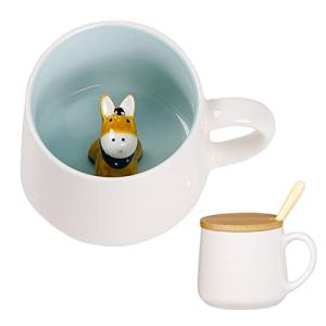BigNoseDeer Cute Ceramic Donkey Coffee Mug Funny Mug with 3D Animal Inside Kawaii Tea Cup with Spoon and Lid Cool Stuff Christmas Gifts Birthday Mother's Day Cute Gifts for Women Kids 12oz（Donkey）