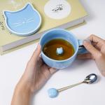 Koolkatkoo Cat Ceramic Cup - Ceramic Coffee Mug with Lid and Spoon, Cute Hidden 3D Animals Inside Mug, Tea Cup for Men and Women, Gifts for Cat Lovers, 10oz, Blue