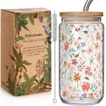 Floral Iced Glass Cups with Bamboo Lids and Straws 16oz Wildflower Coffee Cup Gift for Women Cute Flower Drinking Glass with Cleaning Brushes, Flower Gifts for Mother 's Day Birthday Bridesmaid Party
