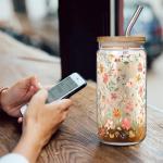 Floral Iced Glass Cups with Bamboo Lids and Straws 16oz Wildflower Coffee Cup Gift for Women Cute Flower Drinking Glass with Cleaning Brushes, Flower Gifts for Mother 's Day Birthday Bridesmaid Party