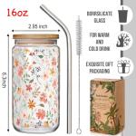 Floral Iced Glass Cups with Bamboo Lids and Straws 16oz Wildflower Coffee Cup Gift for Women Cute Flower Drinking Glass with Cleaning Brushes, Flower Gifts for Mother 's Day Birthday Bridesmaid Party