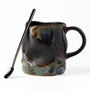 TaoTaojarvie Handmade Ceramic Coffee Mugs, Mugs with Coffee Spoon, 11oz, Handmade Pottery Mug with Handle, Hand-painting, Unique Uneven Surface Tea cups, Dishwasher and Microwave Safe (Coffee Color)