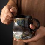TaoTaojarvie Handmade Ceramic Coffee Mugs, Mugs with Coffee Spoon, 11oz, Handmade Pottery Mug with Handle, Hand-painting, Unique Uneven Surface Tea cups, Dishwasher and Microwave Safe (Coffee Color)