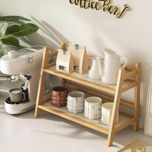 D-werack Wicker-Look Coffee Station Organizer, Bamboo Mug Holder Countertop, Kitchen Counter Shelf for Tea Coffee Bar Accessories, Matcha Stand, Cup Display, Condiment Storage Rack, 2 Tier