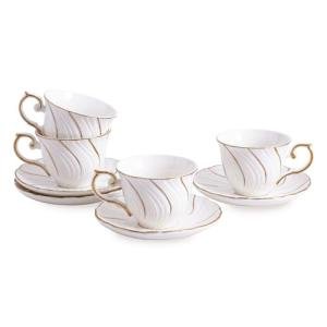 Agyiuns Ceramic Mini Espresso Cups Set of 4,3oz Espresso Mugs with Saucer,Porcelain Coffee Mugs Demitasse Cups, Modern Style cups for Latte, Cafe Mocha(4, White with gold thread)