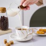 Agyiuns Ceramic Mini Espresso Cups Set of 4,3oz Espresso Mugs with Saucer,Porcelain Coffee Mugs Demitasse Cups, Modern Style cups for Latte, Cafe Mocha(4, White with gold thread)