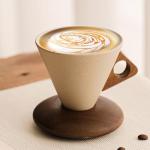EWCEFIC Retro ceramic coffee mug, Creative Cone coffee cup set for women elegant small- Solid wood handle and coaster - Suitable for home, restaurant, party and office use.250ml/8.45floz
