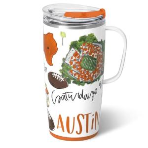 Swig Life 22oz Travel Mug, Insulated Tumbler with Handle and Lid, Travel Coffee Mug, Cup Holder Friendly, Stainless Steel 22 oz Tumbler, Reusable Insulated with Lid (Saturdays in Austin)