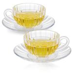 GURUDAR Glass Tea Cups and Saucers Set of 2, Clear Coffee Mugs with Stainless Steel Spoon, Dishwasher & Microwave Safe Teacups for Espresso Cappuccino Latte Tea Juice, 6OZ/180ML