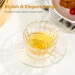 GURUDAR Glass Tea Cups and Saucers Set of 2, Clear Coffee Mugs with Stainless Steel Spoon, Dishwasher & Microwave Safe Teacups for Espresso Cappuccino Latte Tea Juice, 6OZ/180ML