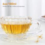 GURUDAR Glass Tea Cups and Saucers Set of 2, Clear Coffee Mugs with Stainless Steel Spoon, Dishwasher & Microwave Safe Teacups for Espresso Cappuccino Latte Tea Juice, 6OZ/180ML