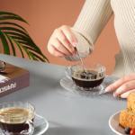 GURUDAR Glass Tea Cups and Saucers Set of 2, Clear Coffee Mugs with Stainless Steel Spoon, Dishwasher & Microwave Safe Teacups for Espresso Cappuccino Latte Tea Juice, 6OZ/180ML