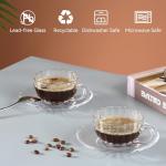 GURUDAR Glass Tea Cups and Saucers Set of 2, Clear Coffee Mugs with Stainless Steel Spoon, Dishwasher & Microwave Safe Teacups for Espresso Cappuccino Latte Tea Juice, 6OZ/180ML