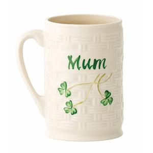 Belleek Mum Irish Coffee Mug - Handcrafted Microwave Safe Ceramic Cup - Fine Parian China Shamrock Decoration, White, 4.3" W x 4.5" H, 12oz
