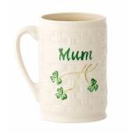 Belleek Mum Irish Coffee Mug - Handcrafted Microwave Safe Ceramic Cup - Fine Parian China Shamrock Decoration, White, 4.3" W x 4.5" H, 12oz