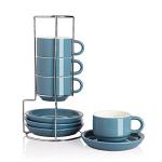 Sweejar Porcelain Espresso Cups with Saucers, 4 Ounce Stackable Cappuccino Cups with Metal Stand for Coffee Drinks, Latte, Tea - Set of 4 (Fog blue)
